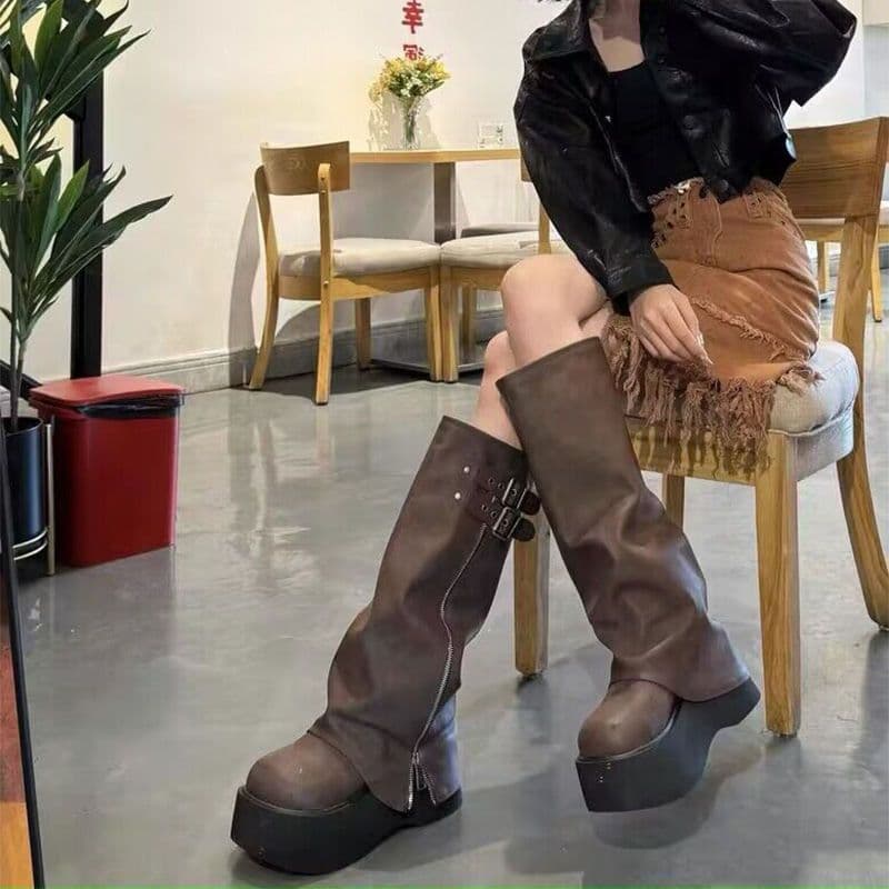 ブーツ 厚底ジッパーベルト付きロングブーツ