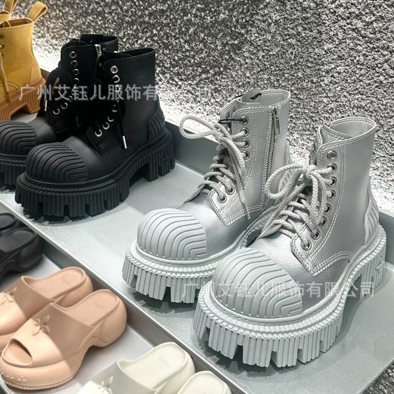 ブーツ 厚底リブソール編み上げショートブーツ