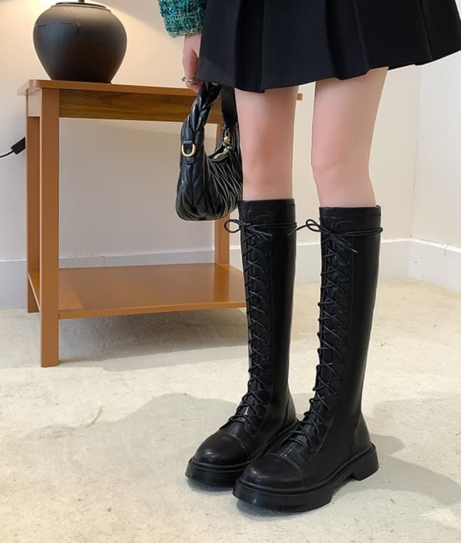 ブーツ ロング 編み上げヒールロングブーツ
