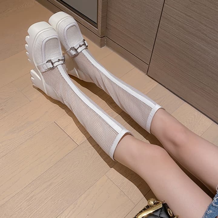 ブーツ メッシュデザインチャンキーヒールロングブーツ