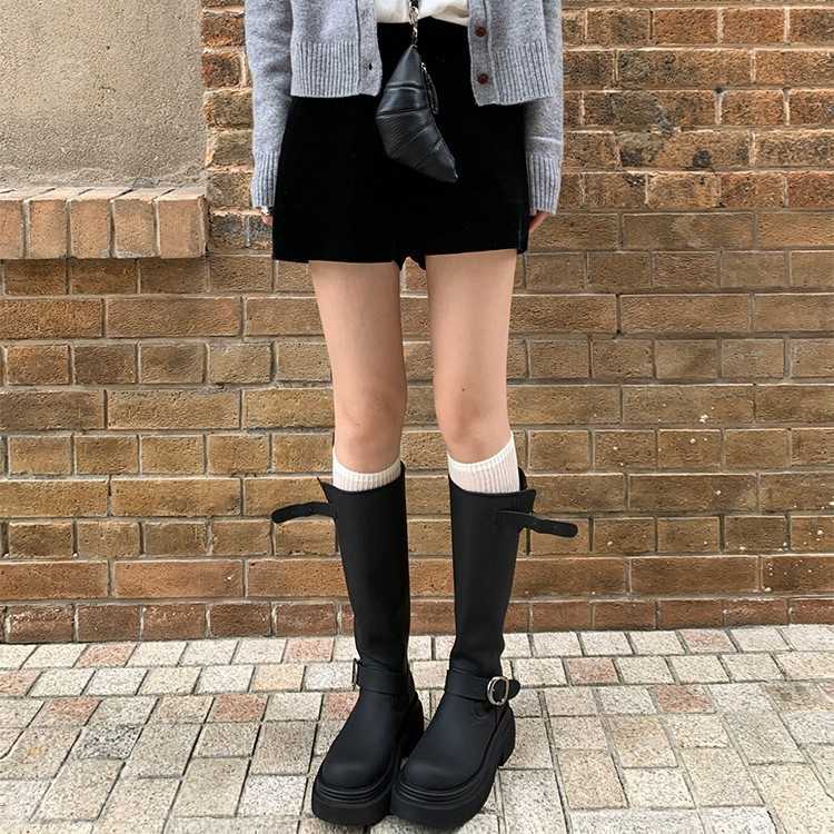 ブーツ ロング サイドベルトプラットフォームロングブーツ