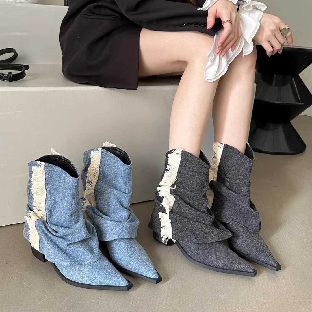 ブーツ フリンジデニムアンクルブーツ