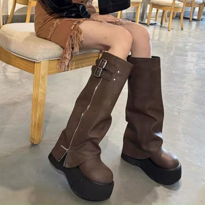 ブーツ 厚底ジッパーベルト付きロングブーツ