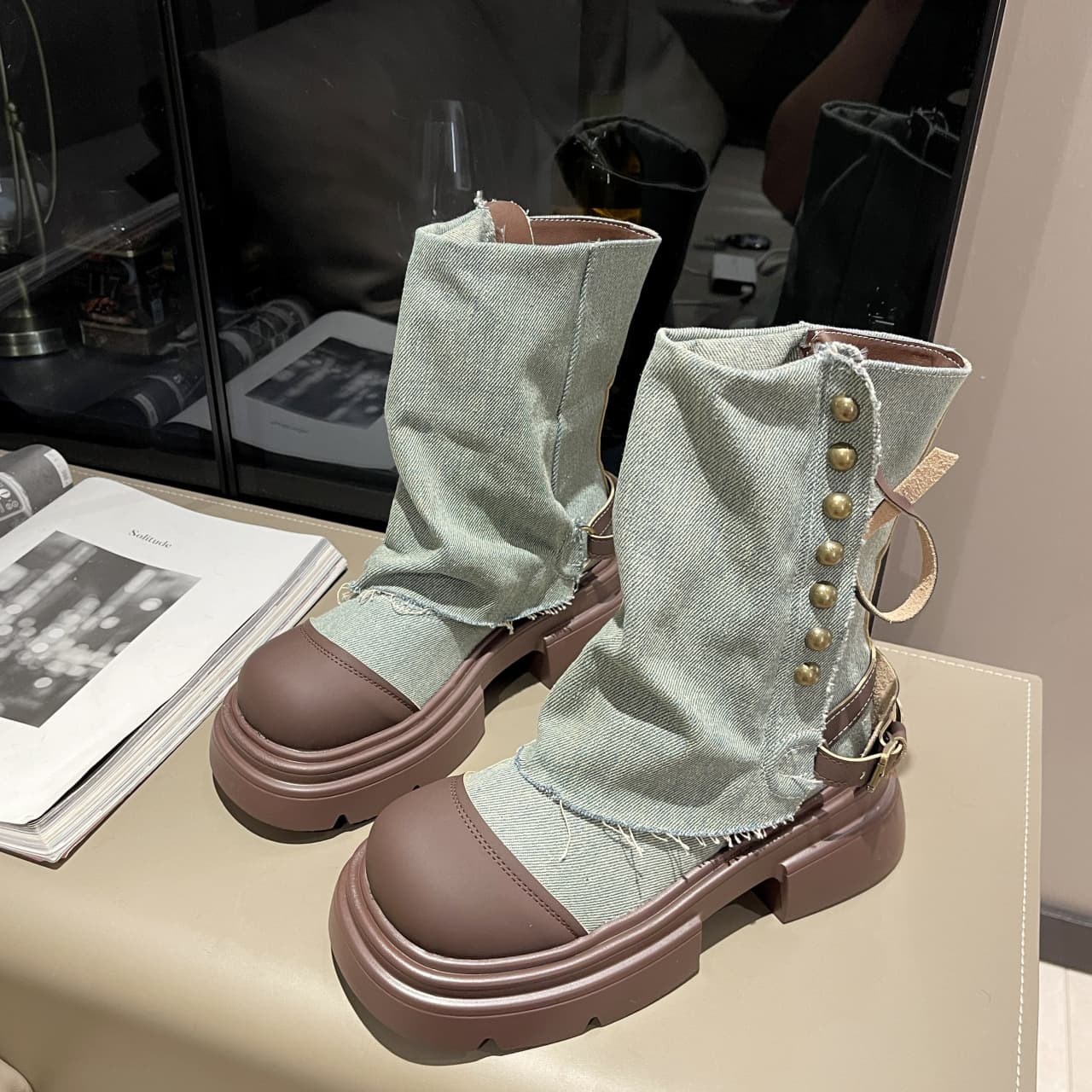 ブーツ ショート デニム切りっぱなしミドルブーツ