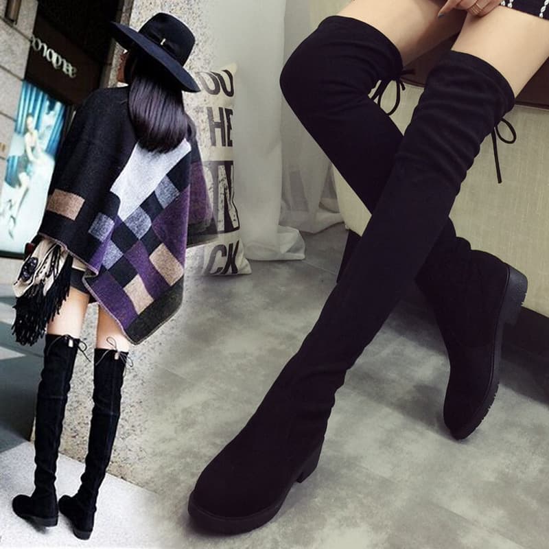 ブーツ リボン付きストレッチ美脚ニーハイブーツ