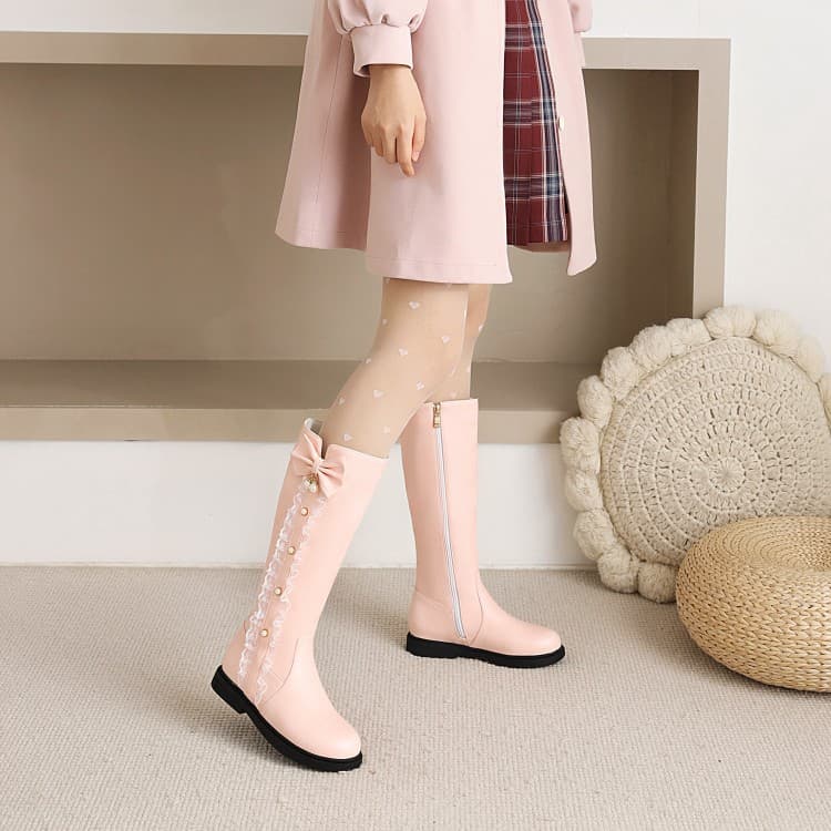 ブーツ リボン付き姫系レースアップロングブーツ