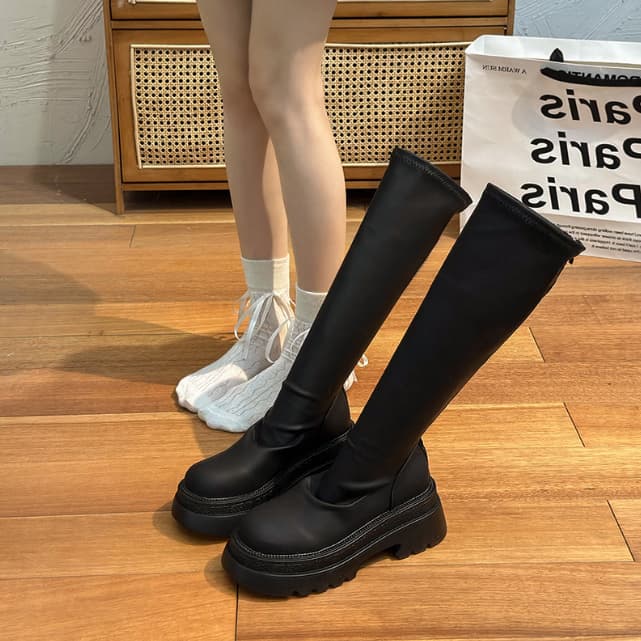 レディース ロングブーツ 厚底 バックジッパー 美脚効果