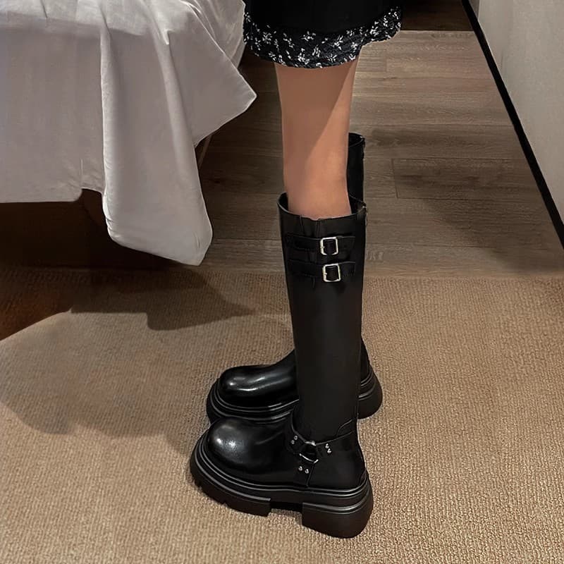 ブーツ ロング 厚底ベルトデザインロングブーツ