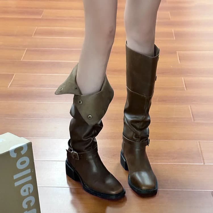 ブーツ フォールド折り返しデザイン乗馬風ロングブーツ