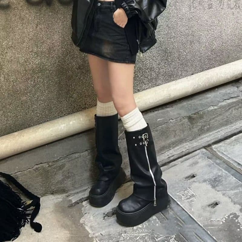 ブーツ 厚底ジッパーベルト付きロングブーツ