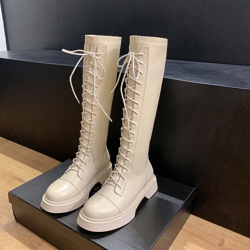ブーツ ロング 編み上げヒールロングブーツ