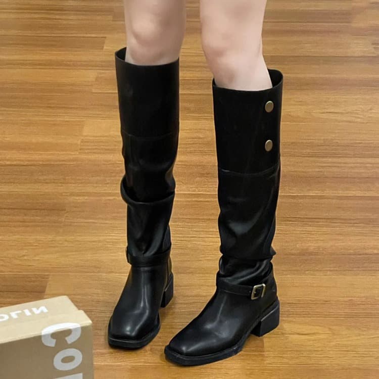 ブーツ フォールド折り返しデザイン乗馬風ロングブーツ