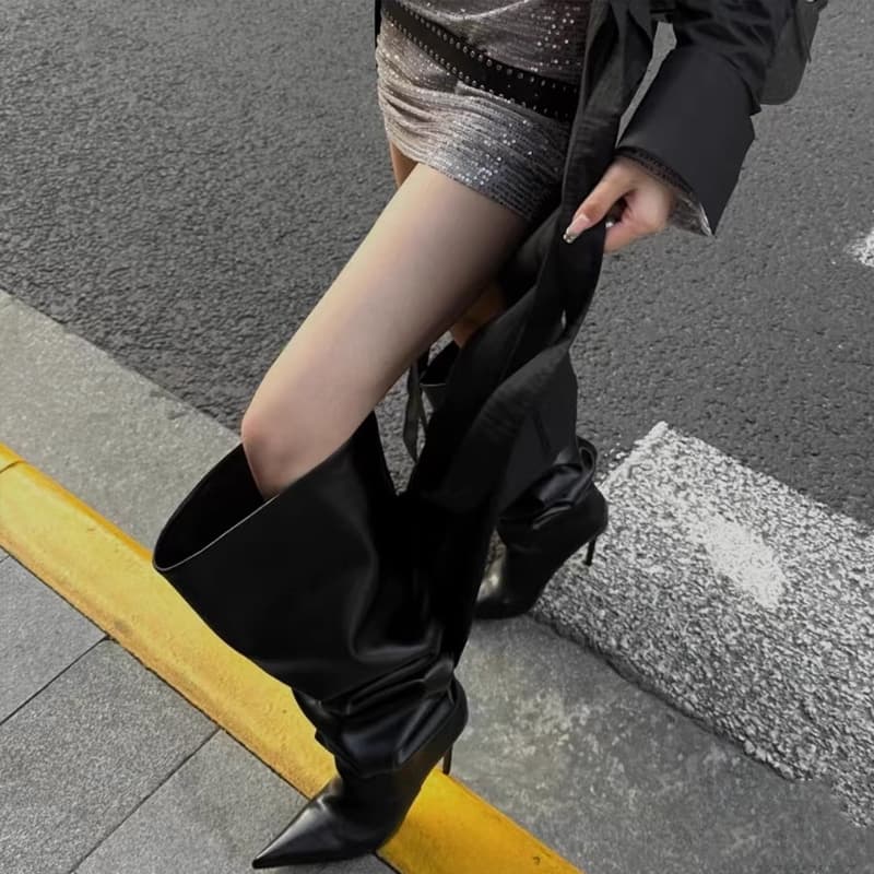 ブーツ しわ加工スリムヒールロングブーツ