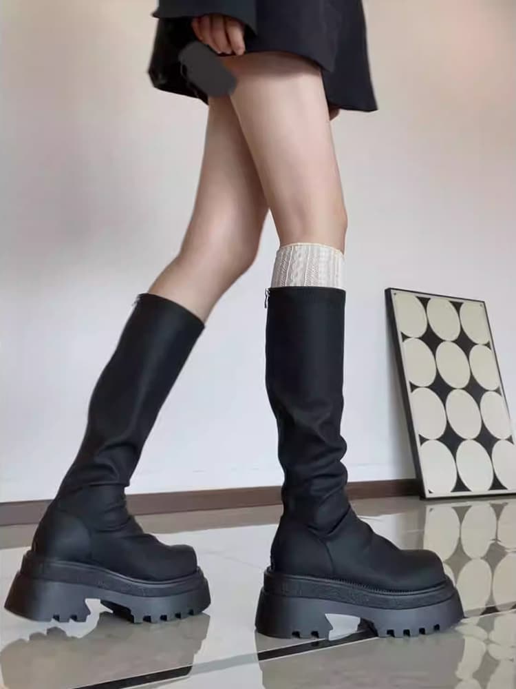 ブーツ 厚底ニットソックスロングブーツ