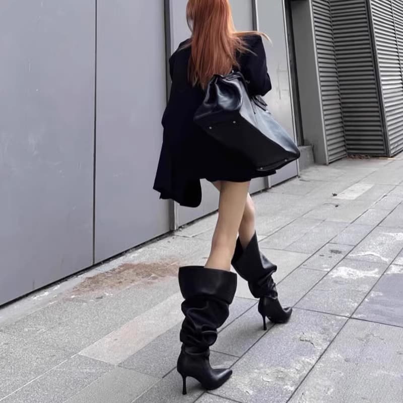 ブーツ しわ加工スリムヒールロングブーツ