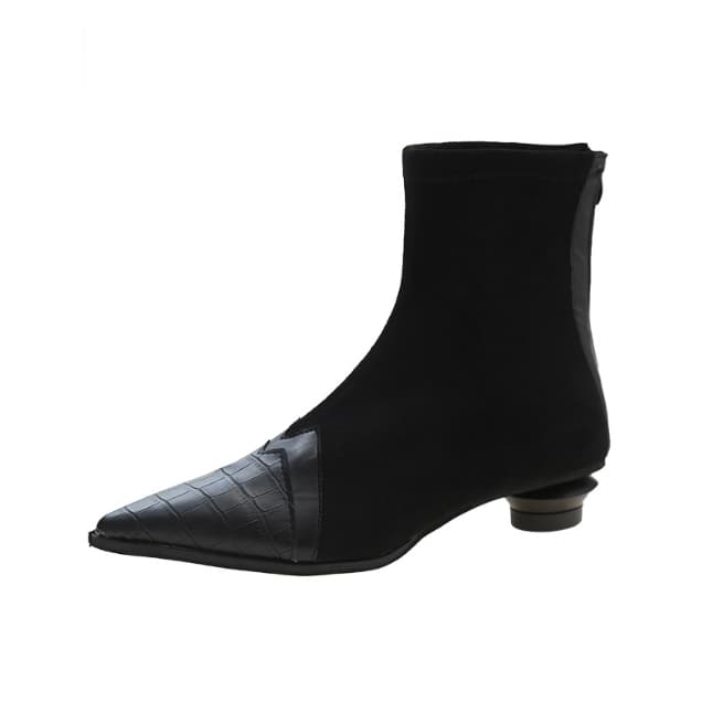 スエード調異素材ミックス尖頭ショートブーツ