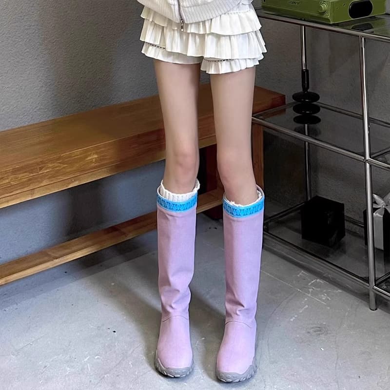 ブーツ フリル付きニットソックスロングブーツ