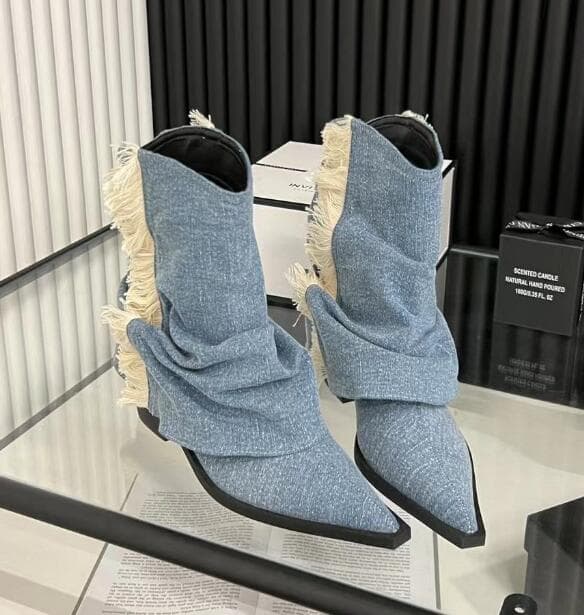ブーツ 秋冬新作デニムブーツ とんがりトウ フリンジ付き韓国風