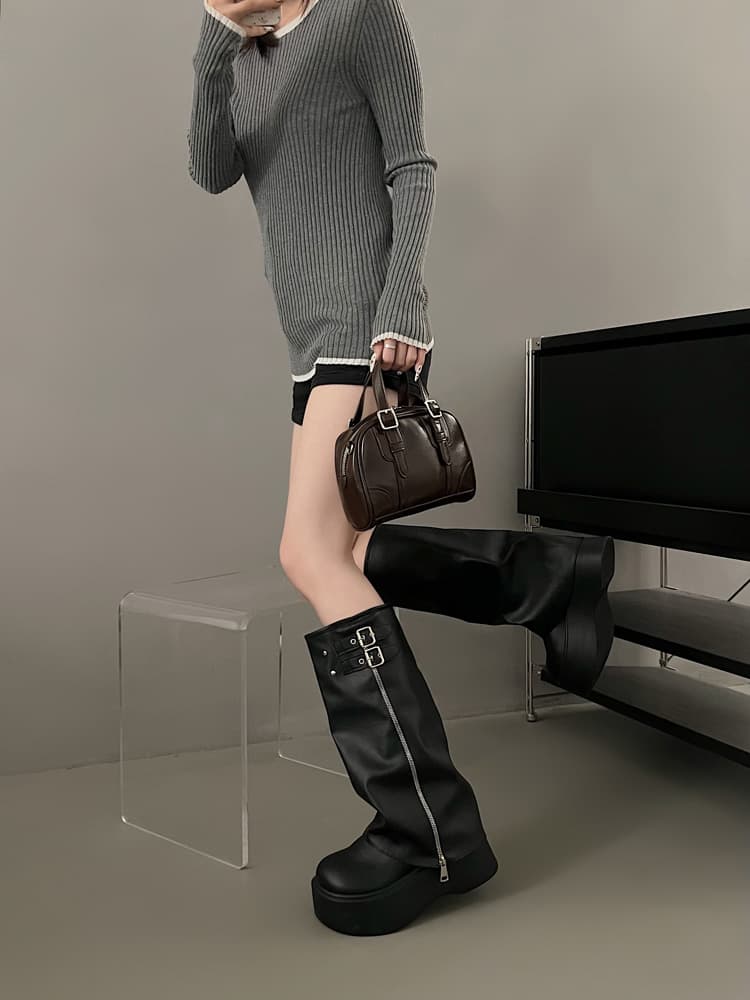 ブーツ 厚底ジップベルトロングブーツ