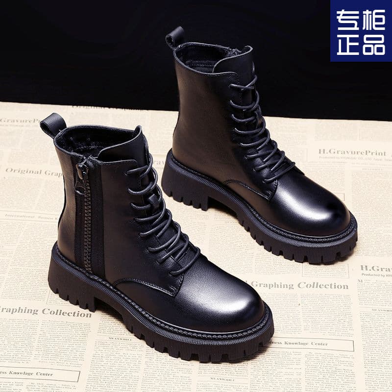 ブーツ 側面ジッパー付き厚底ショートブーツ