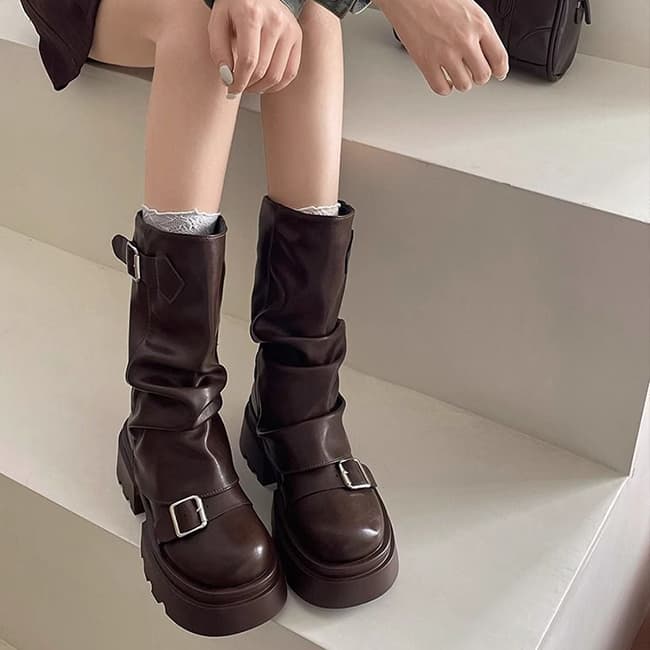 レディース厚底エンジニアブーツ ダブルベルト黒美脚