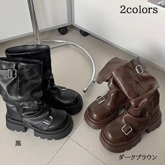 レディース厚底エンジニアブーツ ダブルベルト黒美脚