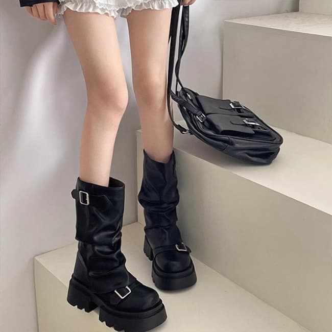 レディース厚底エンジニアブーツ ダブルベルト黒美脚