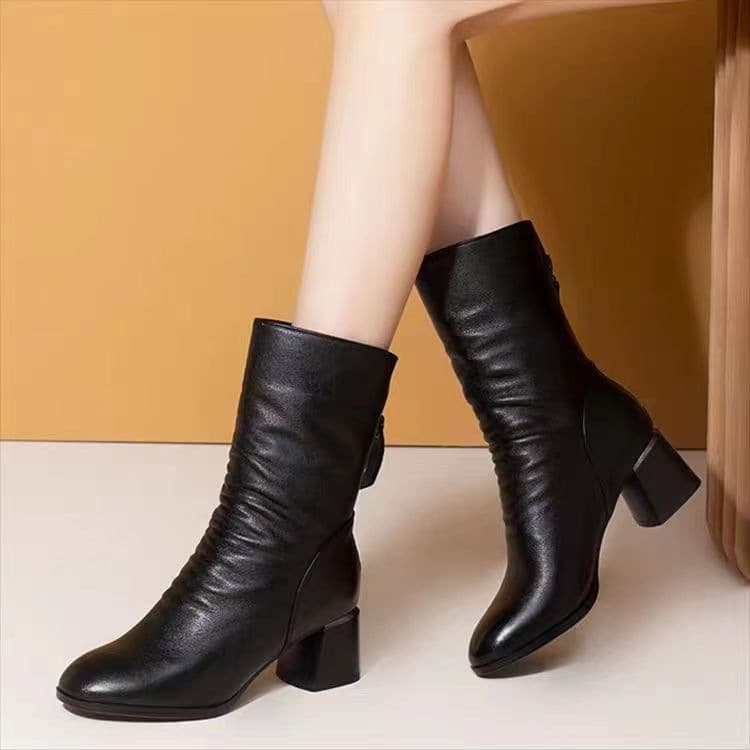 秋冬裏起毛チャンキーヒール黒ショートブーツ
