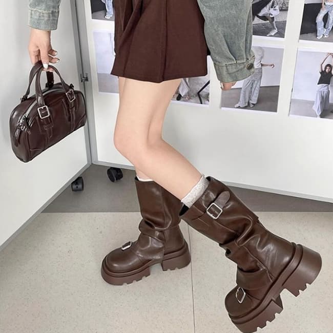 レディース厚底エンジニアブーツ ダブルベルト黒美脚
