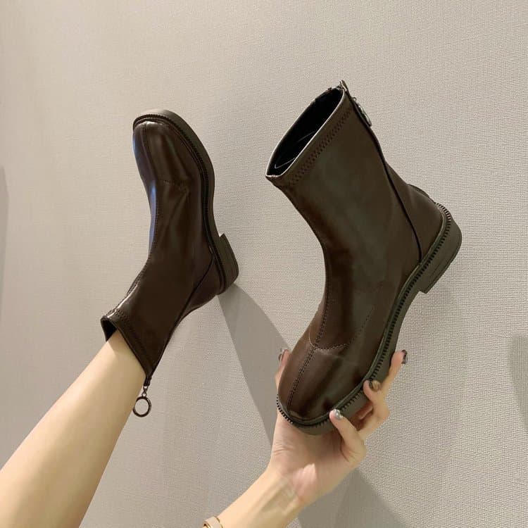 裏起毛あったかショートブーツ ぺたんこフラット バックファスナー